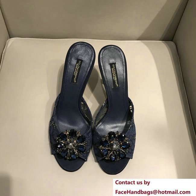 Dolce  &  Gabbana Heel 7cm Slippers Dark Blue In Lace With Crystals 2018